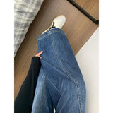 GETADME Chic American Street Style Vintage Curved Hem Jeans Women Edgy Design Loose Fit Slimming Wide Leg Floor Length Denim Pants