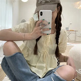GETADME Ruffles Shirts and Blouses Korea Short Sleeve Top Women 2025 Summer Lace-up Sweet Blouses Cute Elegant Solid Sweet Folds Clothes