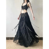 GETADME MEXZT Y2K Lace Mesh Long Skirt Women Harajuku Vintage Patchwork Bandage Black Skirts Gothic Aesthetic High Waist Chic Faldas New