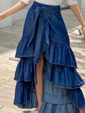GETADME Women Denim Skirt High Waist with Belt Asymmetric Hem Plain Knot Waist Flounce Layered Hem Plus Size Vintage Casual Long Skirt