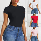 GETADME Solid One Piece Bodysuit Short Sleeve O Neck Sexy Open Basic Overalls Women Tight Fitting Body Top Skinny  Female