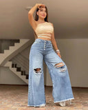 GETADME Women's XS-XL size 2025 Summer New High Waist Retro Loose Hole Wide Leg Pants Light Color Washed New Jeans Women's Pants jeans