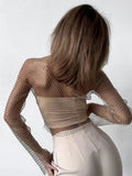 Débardeur court sexy en résille transparente à strass brillants et découpes, manches longues, idéal pour la plage, les soirées et les clubs.