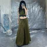 GETADME Green Retro Zipper Patchwork Lace Half Skirt Drawstring Elastic Waist Pocket Long Skirt Spring/Summer New Ethnic Style Skirt