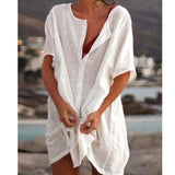 Women's Medium Long Short-sleeved Shirt Summer Thin Solid Color Loose Button Shirt Bikini Beach Cover Up Dress Beachwear
