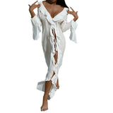 GETADME Irregular Ruffles Dress Women's Chic V Neck Long Sleeve Lace Up Beach Dress Summer 2025 Fashion Lady Vacation Cover Up