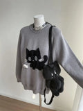 GETADME Gray Cute Cat O-neck Knit Elegant Pullover Woman 2025 Winter Design Harajuku Tops Feamale Y2k Long Sleeve Retro Sweaters Mujer