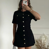 GETADME White Elegant Knitted Mini Dress For Women Metal Button Sexy Slim Rib Sweater Dress Holiday Party Outfits Autumn 2025 New