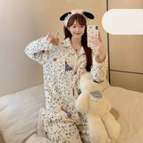 GETADME 플리스 두껍고 따뜻한 여성용 잠옷 세트 겨울 신상품 재미있는 프린트 잠옷 캐주얼 카와이 달콤하고 부드러운 여성용 잠옷 세트 홈 슈트 