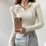 GETADME Thin Hooded Cardigan Women Korean Vintage Slim Summer Solid Sports Jacket Vertical Pit Stripe Zipper Female Sexy Cropped Tops