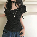 GETADME Sweet Polka Dot Prints T-Shirts Fashion Women Cute Design One-Shoulder Summer Tops Casual Korean Office Lady Commute Slim Tees