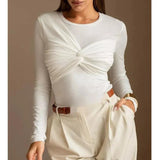 GETADME 탑 티셔츠 여성용 라운드넥 긴팔 타이트 점프수트 유럽 아메리카 섹시 플리츠 점프수트 하이스트리트 미드웨이스트 탑 신상품