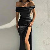 Getadme-Women's Formal Dresses Fashion Solid Color Off Shoulder Satin Slim Side Slit Midi Dress Elegant Party Evening Dress For Women