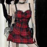 Red Plaid Lolita Dress Women Aesthetic Mall Goth Vintage Lace Patchwork Bandage High Waist Corset Dress Partywear Female