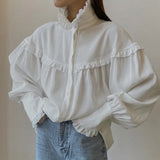 GETADME French Lapel Lantern Sleeve Lace Design Shirt, Loose White Shirt, Early Spring, New, 2025
