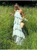 GETADME Chic Halter Pleated Women's Long Dress Flower Sleeveless Backless Cascading Ruffle Robe 2025 Summer Fashion Female Party Dresses