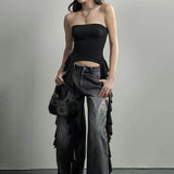 Getadme-Y2k Tank Tops Asymmetrical Fringed Ruffle Top Streetwear Black Strapless Womans Summer Clothes