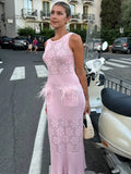 GETADME Knitted Feather Mermaid Dress Women Elegant Hollow Out Sleeveless Long Party Dresses Female 2025 Summer Spliced Beach Robes Lady