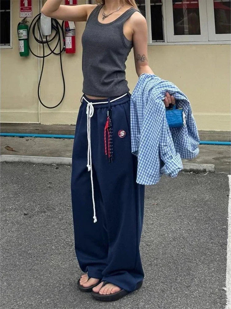 GETADME Y2k Kpop Oversized Sweatpants Women Vintage Wdie Leg Trousers with Belt Gyaru Streetwear Korean Fashion Baggy Joggers