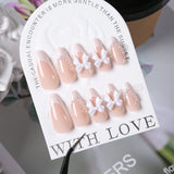 GETADME 24개입 보우 펄 프레스온 가짜 손톱 누드 핑크 아몬드 프렌치 스틱온 가짜 손톱 한국식 달콤한 소녀 착용 가능 프레스온 손톱 + 도구