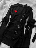 GETADME Punk Goth Bondage Strap Buckle Jacket Women Zip‑Up Flare Long Sleeve Top Dark Aesthetic Y2K StreetwearAdjustable StrapOuterwear