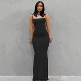 GETADME 2025 Summer Fishtail Backless Dresses For Women's Sexy Spaghetti Strap Gray Long Dress Y2k Sleeveless Solid Skinny Robe Vestidos