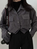 Getadme  1 Women Vintage Corduroy Cropped Jacket Korean Fashion Long Sleeve Drawstring Blouses Female Loose Single Breasted Coats Cardigan
