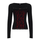 GETADME SUCHCUTE Gothic Lace Patchwork Square Neck Long Sleeved T-shirt Sexy For Women Basic Slim Top Y2k Streetwear Shirt Autumn Spring