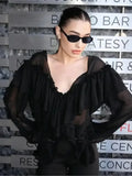 GETADME Sexy See-through V-neck Long Sleeve Chiffon Top Beach Party Shirt Trans-seasonal Women's Low Cut Shirt Ruffle Solid Color Tops