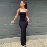 GETADME 2025 Summer Fishtail Backless Dresses For Women's Sexy Spaghetti Strap Gray Long Dress Y2k Sleeveless Solid Skinny Robe Vestidos