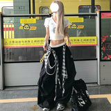 GETADME Y2K Black Cargo Pants Women Streetwear Plaid Patchwork Baggy Sweatpants Harajuku Wide Leg Joggers Summer Korean Casual Trousers