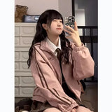 Getadme-Vintage Y2k Pink Suede Jacket Women Korean Fashion Streetwear Cropped Bomber Jackets Japanese Style College Spring Coat