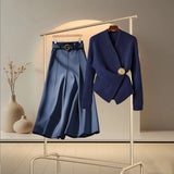 GETADME Autumn/Winter New Retro Navy Blue Sweater Women Tops Light Luxury High-end A-line Maxi Skirt Set Two Piece Sets Women Outfits