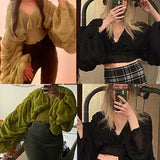 GETADME Women Sexy Chiffon Short Blouse Female See Through Super Long Sleeve Blusas Purple/Green/Black/White Folds Party Tops 2026 New