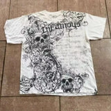 GETADME Gothic Vintage Distressed T-Shirt Two-in-One Skeleton Print Layered Top Y2K Retro Streetwear Loose Fit Harajuku Fashion Tee