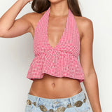 Getadme Bohemian Plaid Babydoll Tank Tops Coquette Tie-up Halter Neck Sleeveless Vest Summer Backless Crop Tops Women Holiday Streetwear
