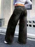 GETADME Girls Y2K Washed Fabric Five-Star Pattern Patchwork Denim Straight-Leg Pants Versatile Trendy All-Seasons.Full elastic waistband