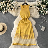 GETADME Fashion Patchwork Knitted Long Sundress Women Sleeveless Mesh Elastic Bodycon Dress 2025 Streetwear A Line Midi Dress