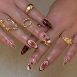 GETADME 24개입 노란색 꽃무늬 프렌치 디자인 스틱온 네일 심플 프레시 숏 오벌 탈부착 매니큐어 아트 풀커버 가짜 네일 프레스온