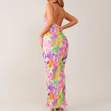 GETADME Color Printed Spaghetti Strap Maxi Dresses For Women Sexy V-neck Slim Backless Folds Dress Fashion Evening Party Elegant Vestido