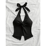 GETADME 2025 New Women Summer Y2K Sexy V-neck Halter Neck Crop Top Sleeveless Solid Split Backless Y2K Tops Women's Clothing Streetwear