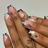 GETADME 24개입 짧은 사각형 프레스온 네일 블루 화이트 플라워 디자인 프렌치 가짜 네일 발레리나 착용 가능 풀커버 가짜 네일 아트 팁