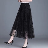 Korean Women Mesh Skirt Fashion Hook Flower Loose Midi Skirt Elegant Female Casual All Match Skirts Summer New