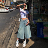 GETADME Summer American Style Vintage Women Baggy Jeans Y2k Loose Washed High Waist Knee Length Denim Pants Streetwear Wide Leg Shorts
