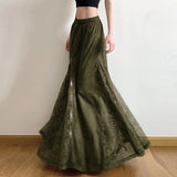 GETADME Green Retro Zipper Patchwork Lace Half Skirt Drawstring Elastic Waist Pocket Long Skirt Spring/Summer New Ethnic Style Skirt
