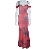 GETADME Tie Dye Printing Sling Off Shoulder Sleeveless Stretch Skinny Long Dress Summer Prom Occasion Evening Bodycon Gown For Women