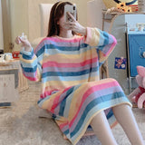 GETADME Winter Warm Pajamas Coral Fleece Long Sleeve Dresses Midi Length Cartoon Student Flannel Home Nightdress Striped Thickened Pajam