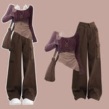 GETADME Spring Autumn American Retro Halter Vest Shawl Cargo Pants Three Piece Sets Lady Fashion Sweatshirts Tank Tops Trousers Outfits