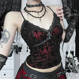 GETADME Vintage Mall Gothic Flocking Camisole Women Aesthetic Fairycore Grunge Y2k E-girl Lace Patchwork Beading Crop Tank Tops