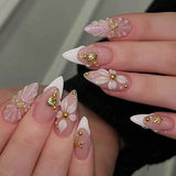 GETADME 24Pcs 3D Strawberry Rabbit Flower Fake Nails Press on Mid-length Almond Wearable False Nails Green Gradient Pearl Manicure Tips